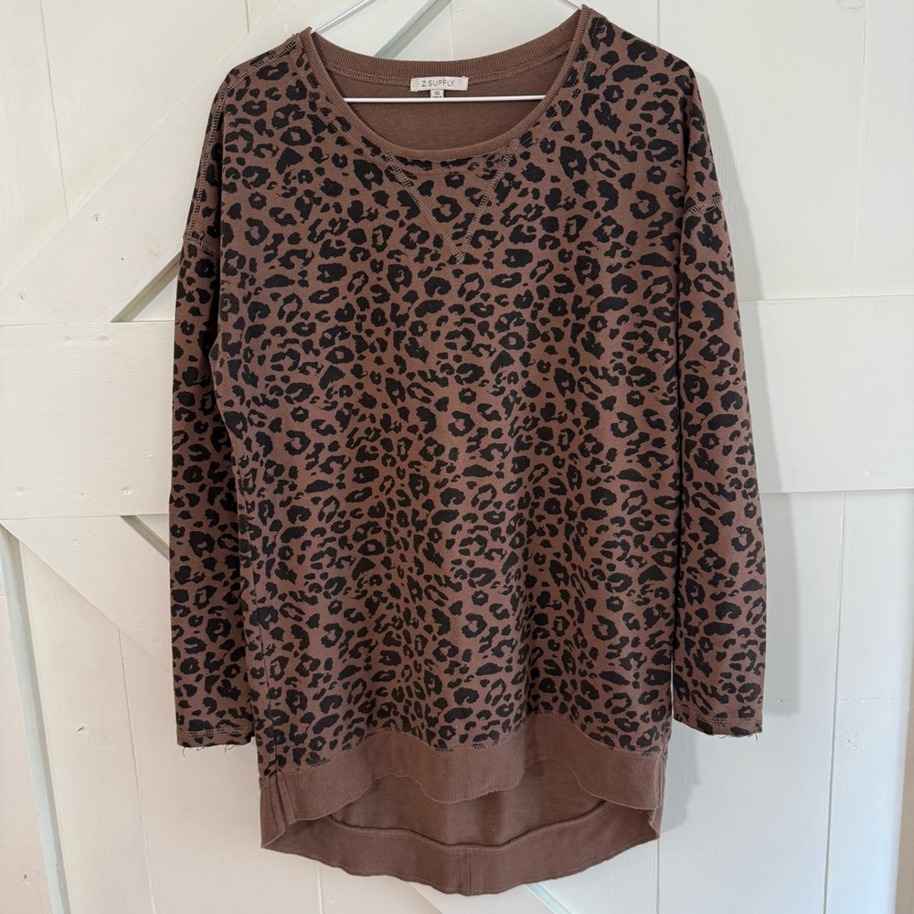 Z Supply Brown Leopard Print Weekender Sweatshirt XS Casual Relaxed Fit